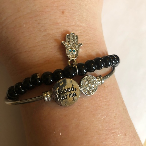 Good Karma Black Bead Stretch Bracelet & Hamsa Hand Charm Set - Picture 2 of 3